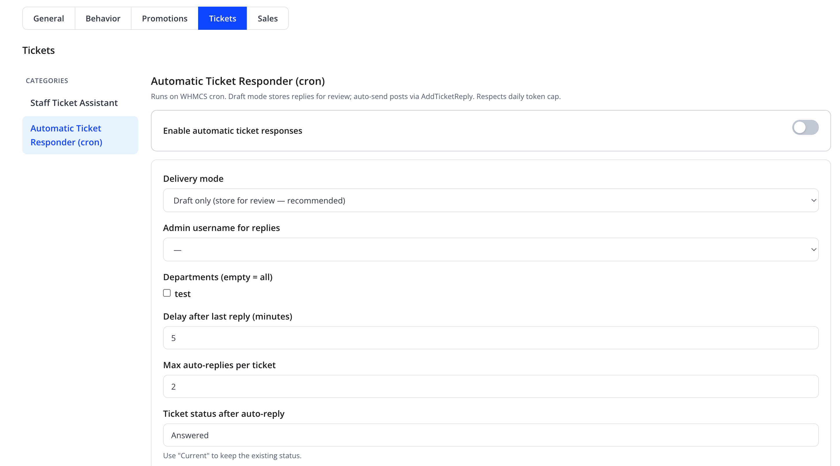 Automatic Ticket Responder (cron) — الحقول العلوية