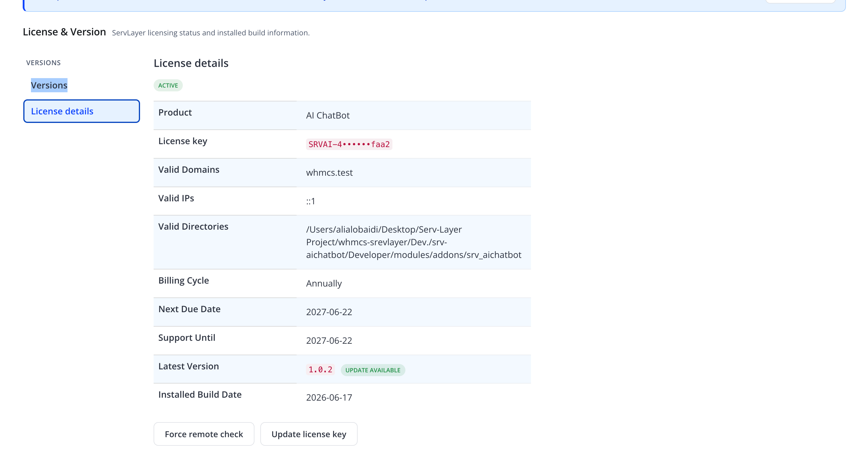 License tab — License details