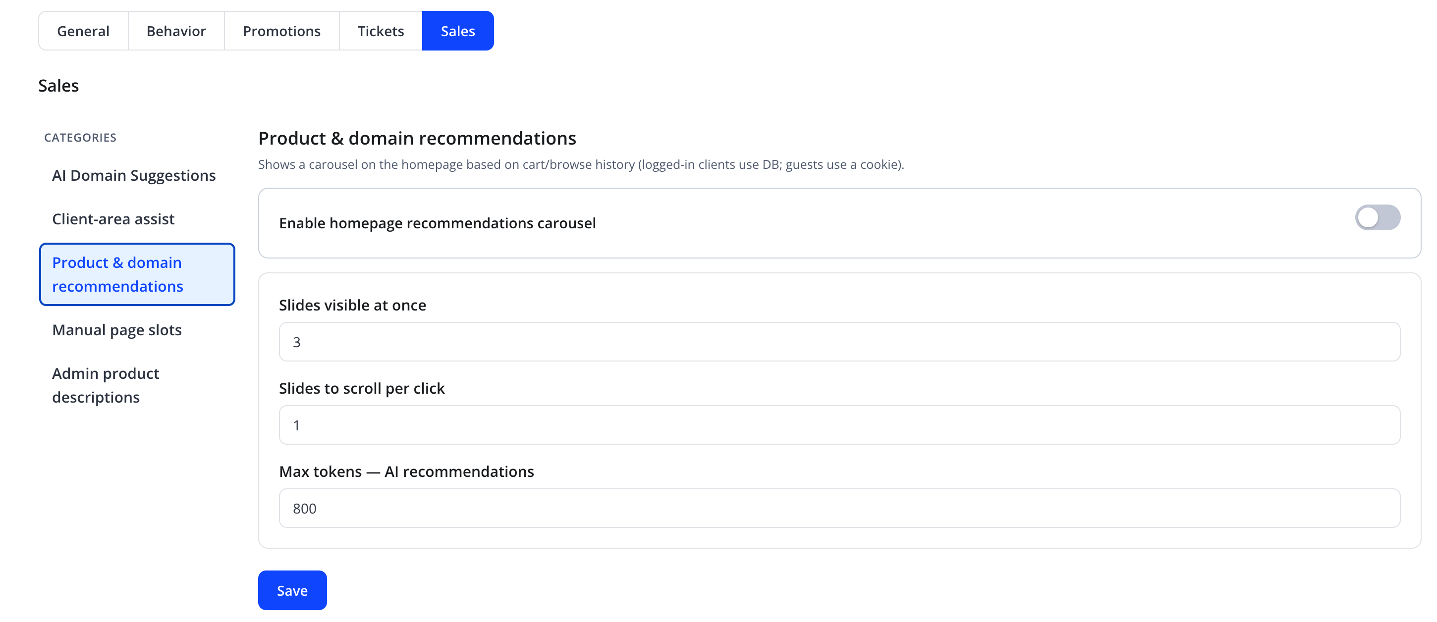 قسم Product & domain recommendations