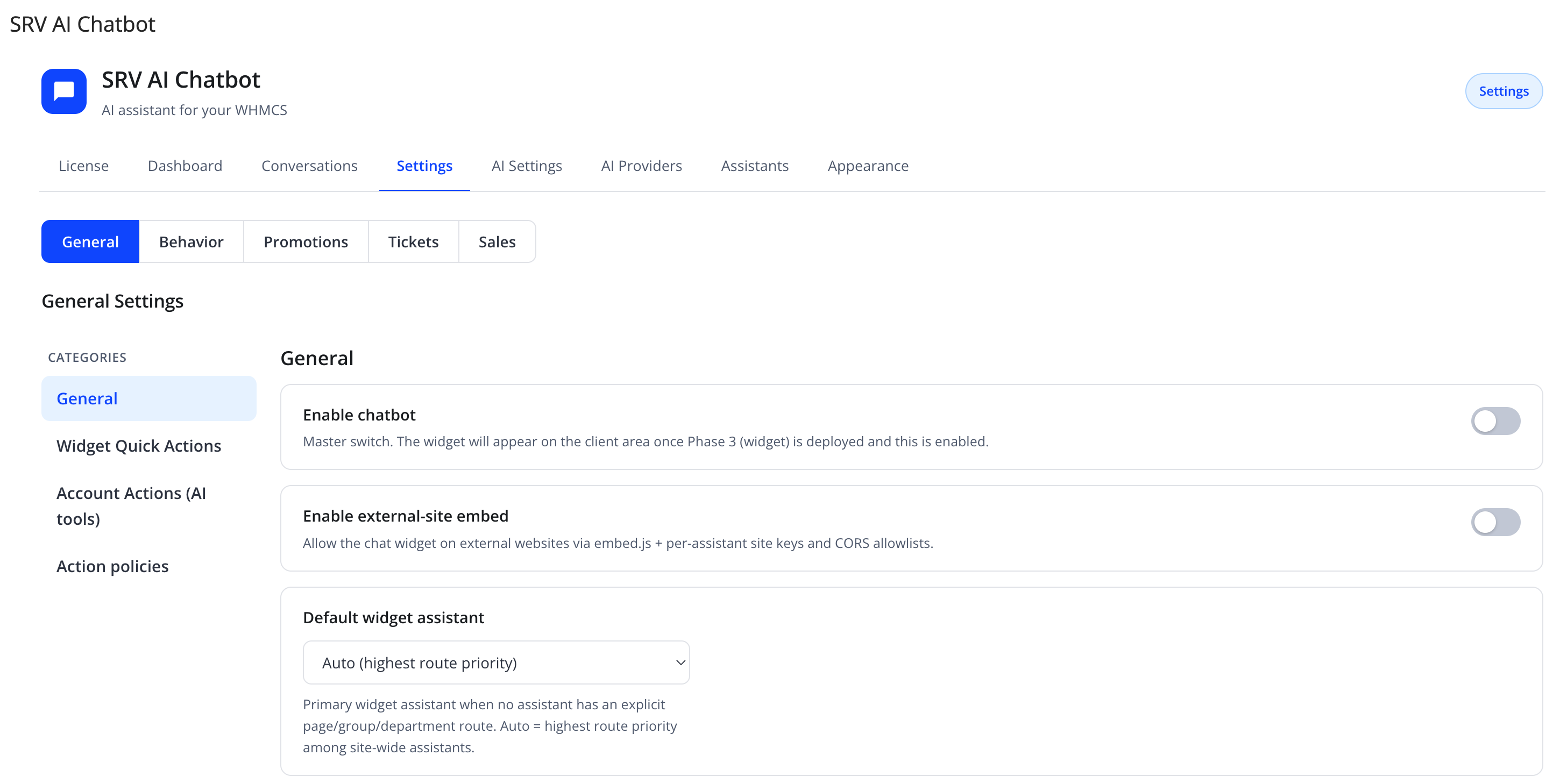 Settings tab — General category
