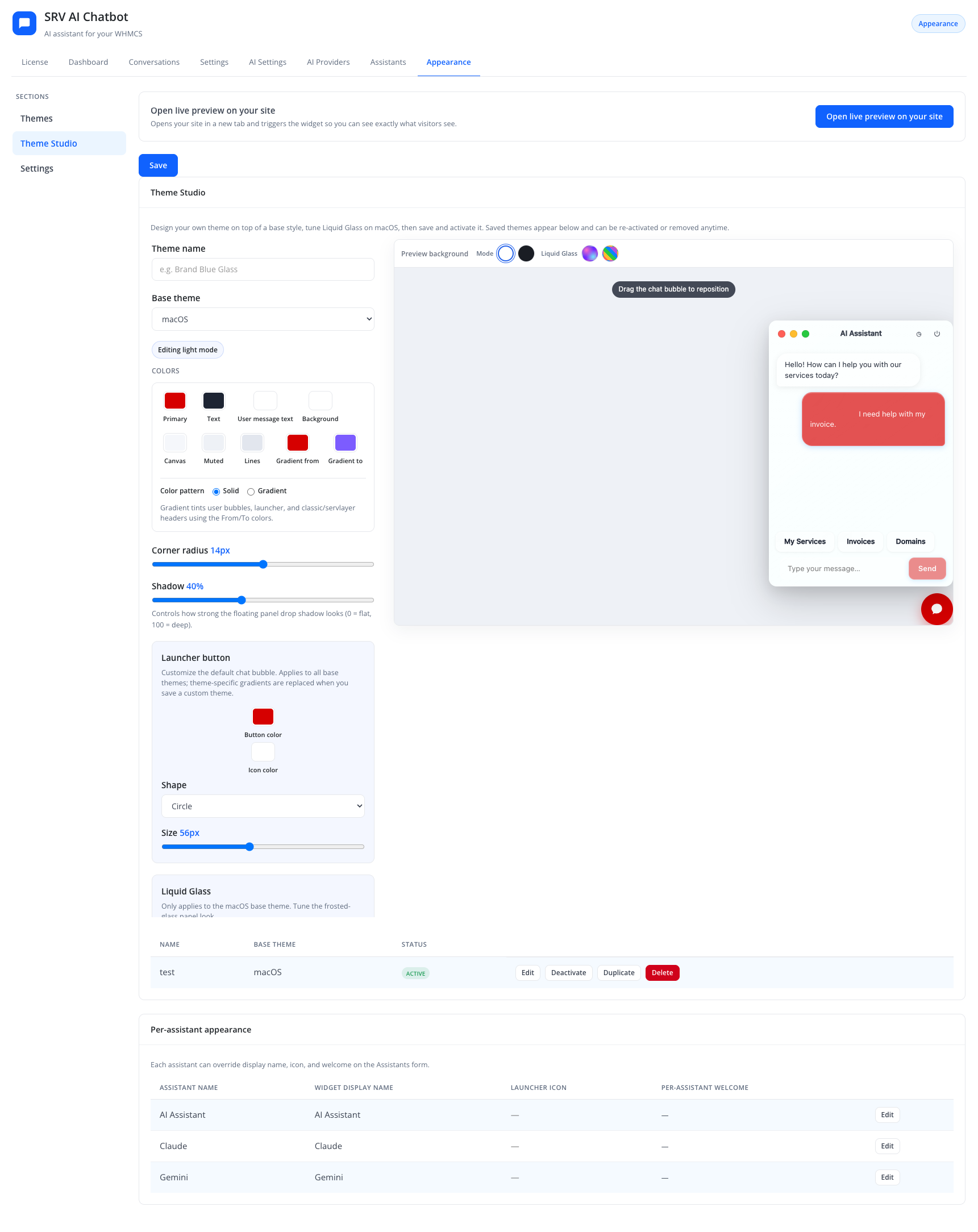 Theme Studio — الصفحة كاملة مع الثيمات المحفوظة