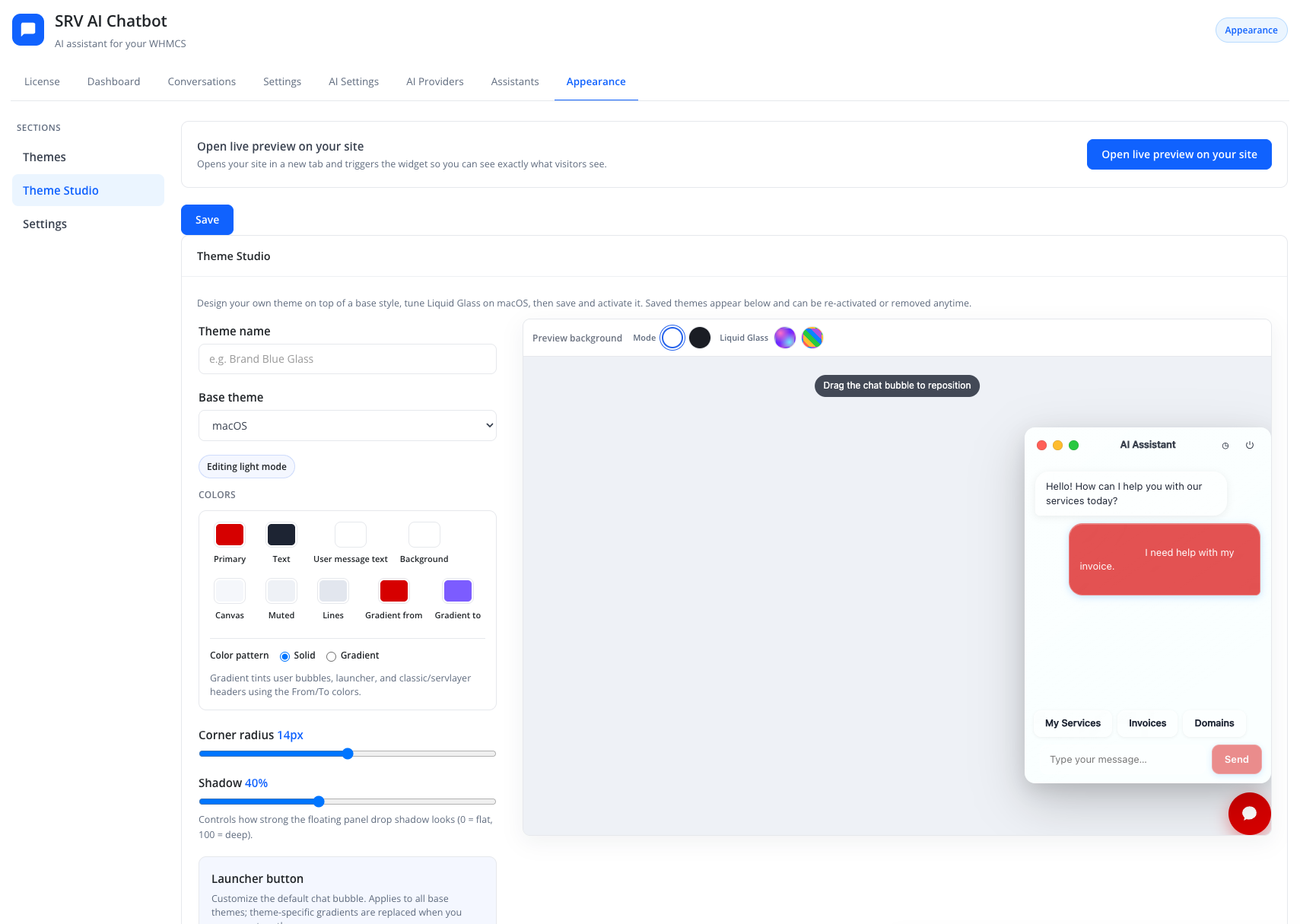 Theme Studio — أدوات التحكم والمعاينة الحية