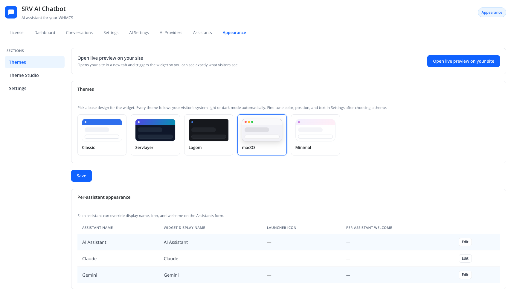 قسم Themes — خمس بطاقات ثيم أساسية