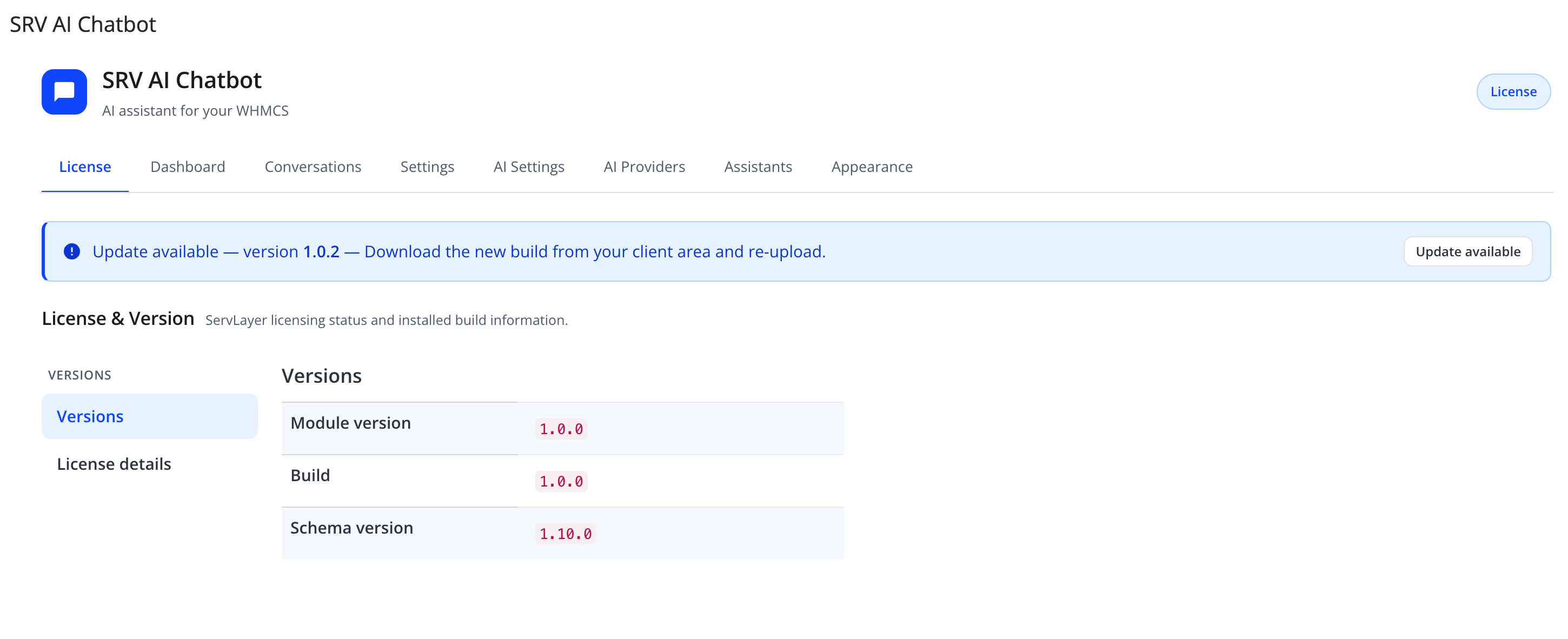 License tab — Versions