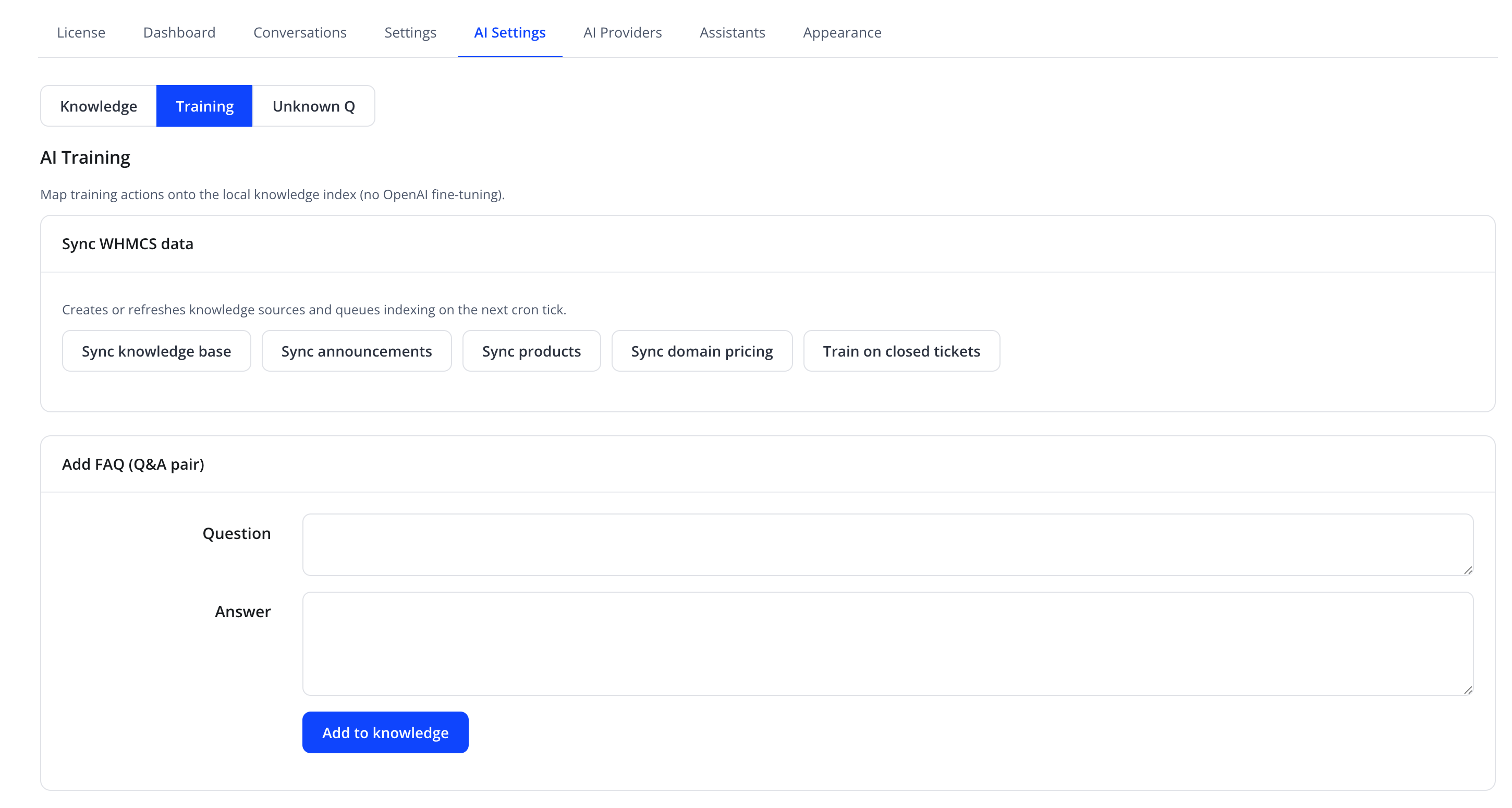 AI Training — مزامنة بيانات WHMCS، إضافة سؤال شائع