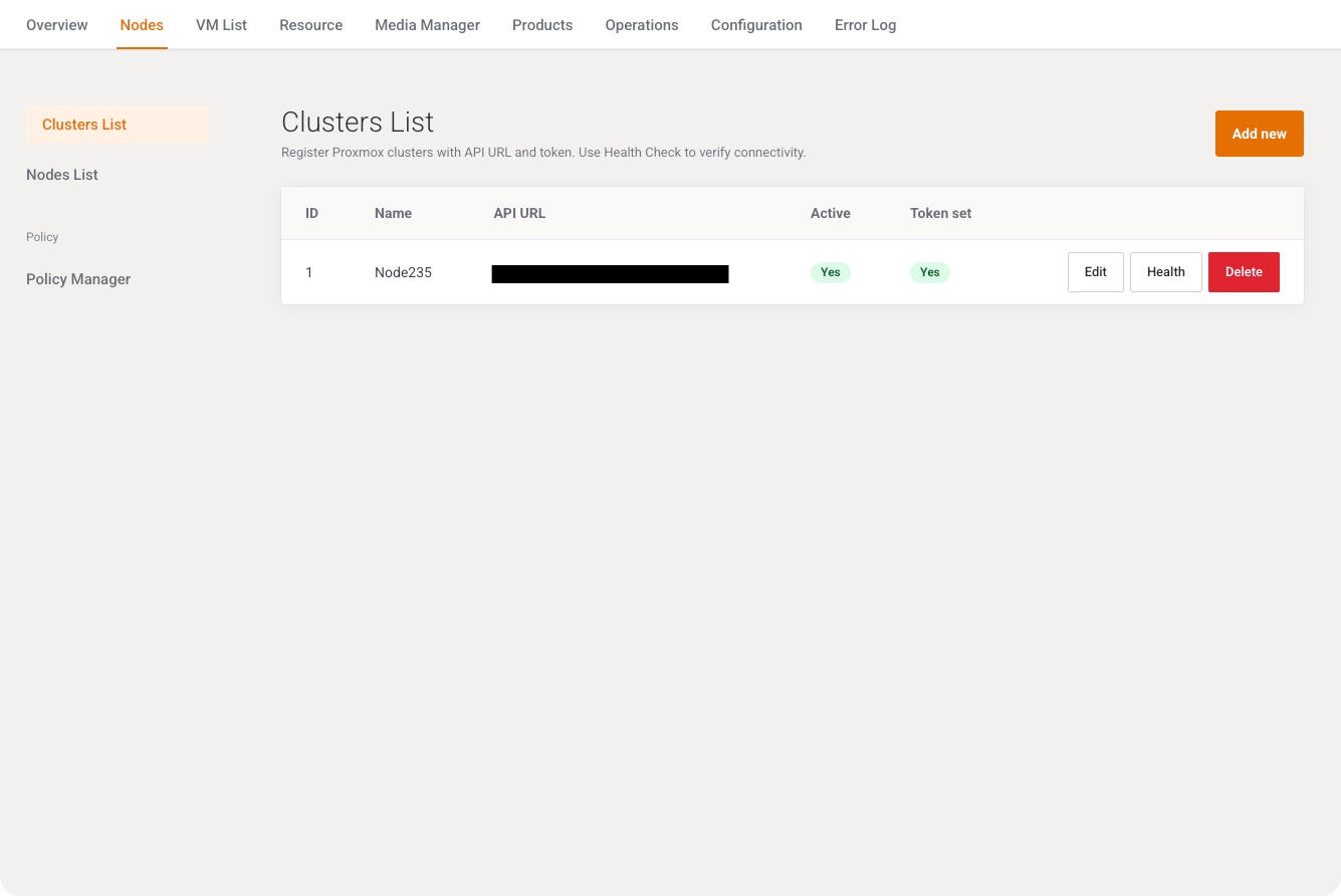 Clusters list