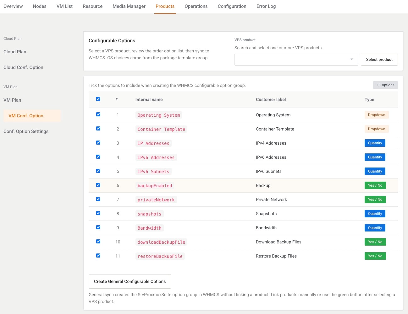 Configurable options