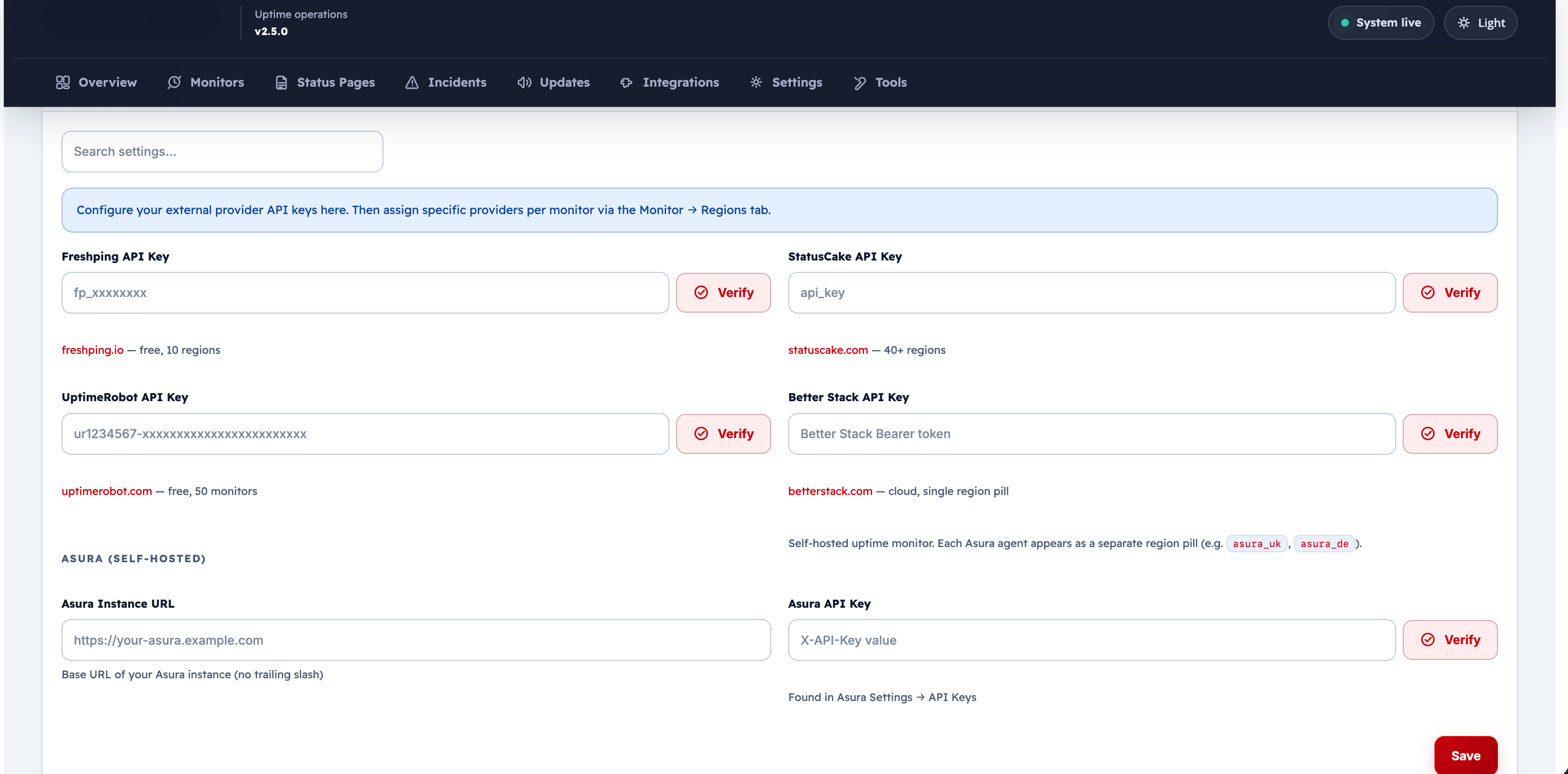 امتداد المناطق المتعددة — ضبط مفاتيح API للمزوّدين