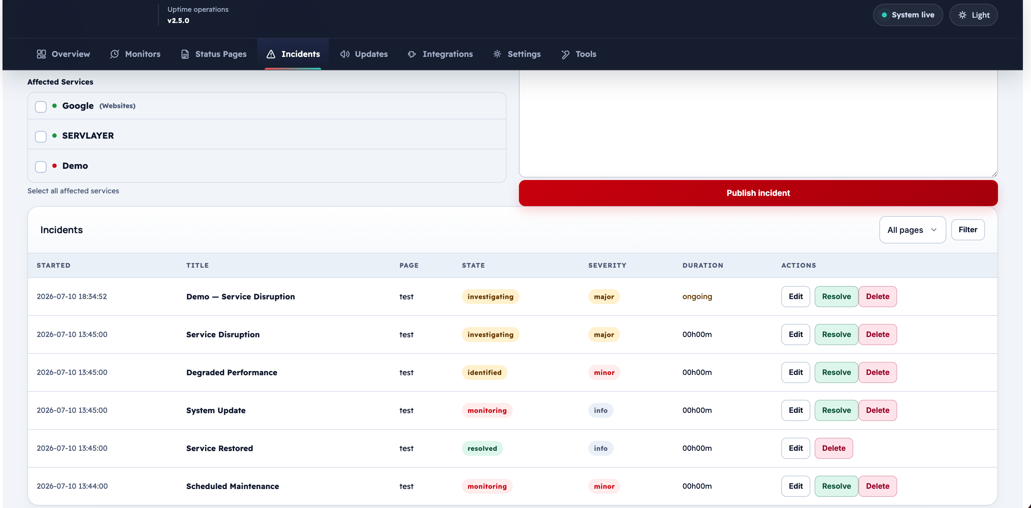 Affected services selector and active incidents table