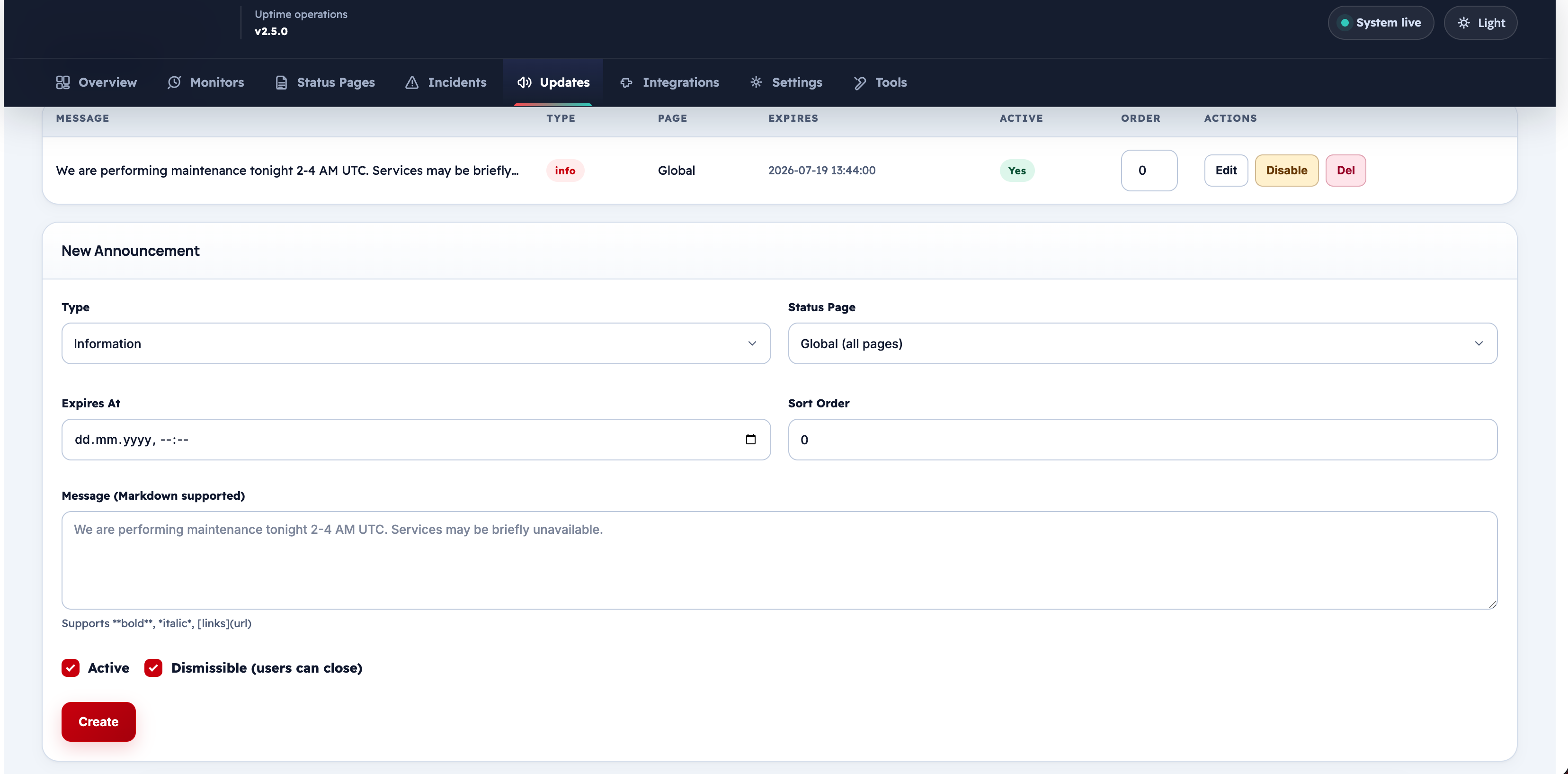New announcement form — full options