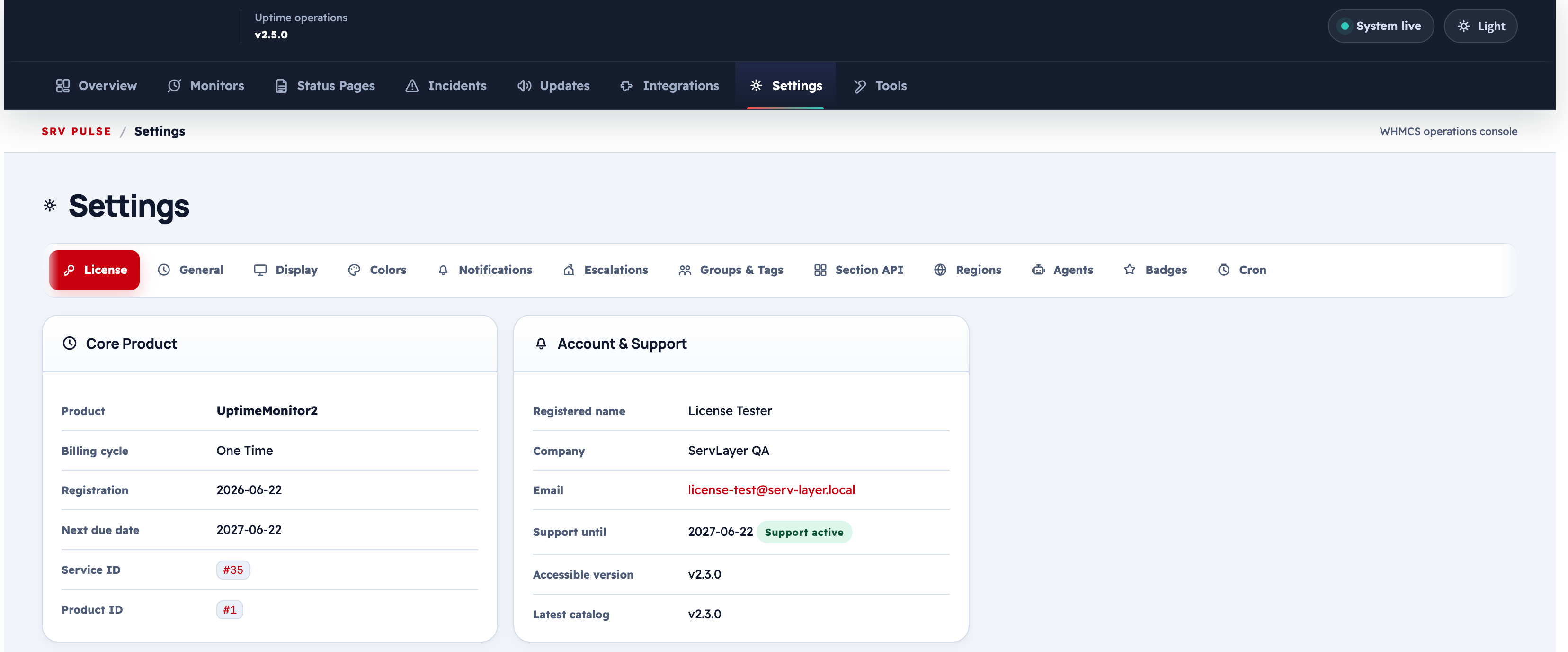 License tab — product and account information panels