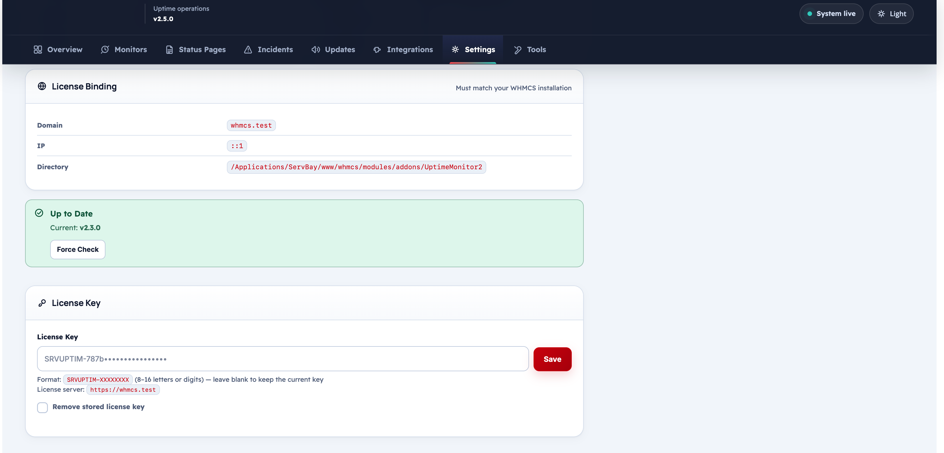 License tab — binding details, update notifications, and license key field